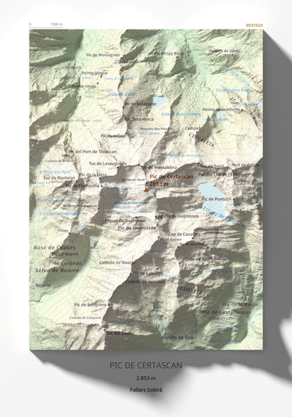 Mapa de relieve de Pic de Certascan, 2853 m, Pallars Sobirà, lámina 100 Cims de Trobart 21 × 30 cm.