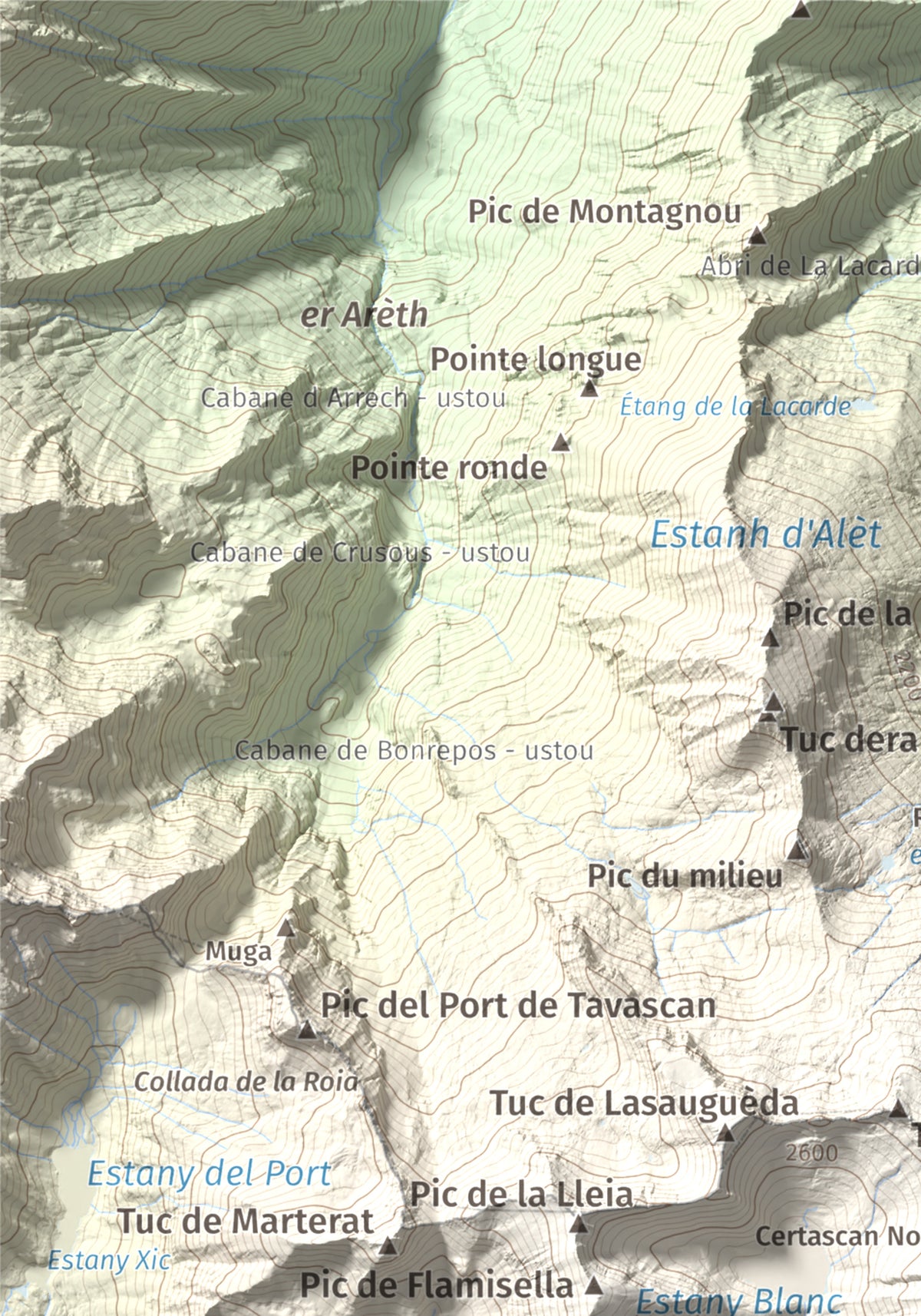 Mapa de relieve de Pic de Certascan, 2853 m, Pallars Sobirà, lámina 100 Cims de Trobart. Detalle de la zona superior izquierda. 21 × 30 cm.