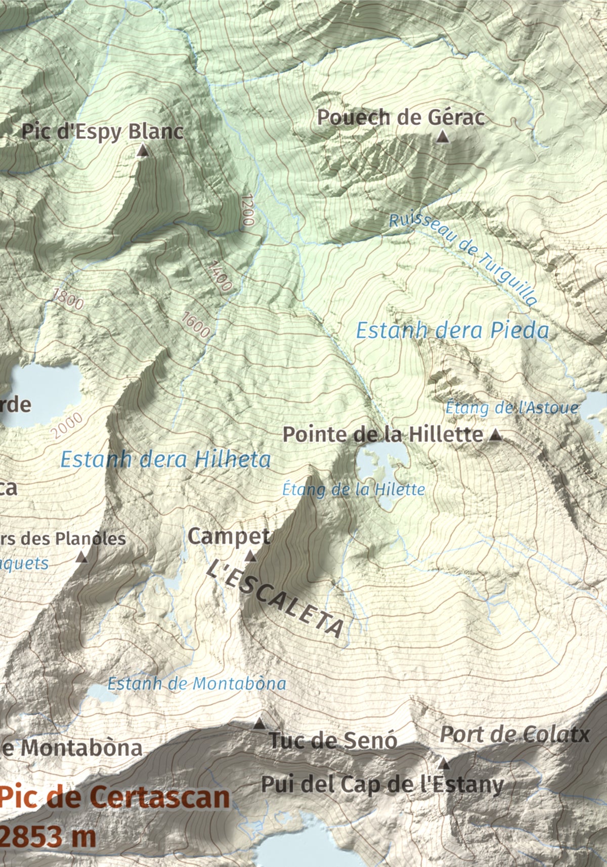 Mapa de relieve de Pic de Certascan, 2853 m, Pallars Sobirà, lámina 100 Cims de Trobart. Detalle de la zona superior derecha. 21 × 30 cm.