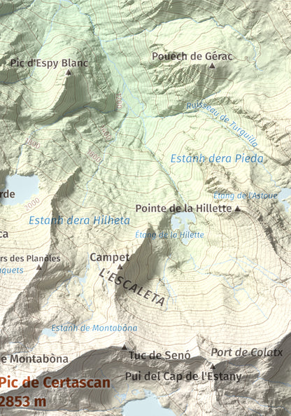 Mapa de relieve de Pic de Certascan, 2853 m, Pallars Sobirà, lámina 100 Cims de Trobart. Detalle de la zona superior derecha. 21 × 30 cm.