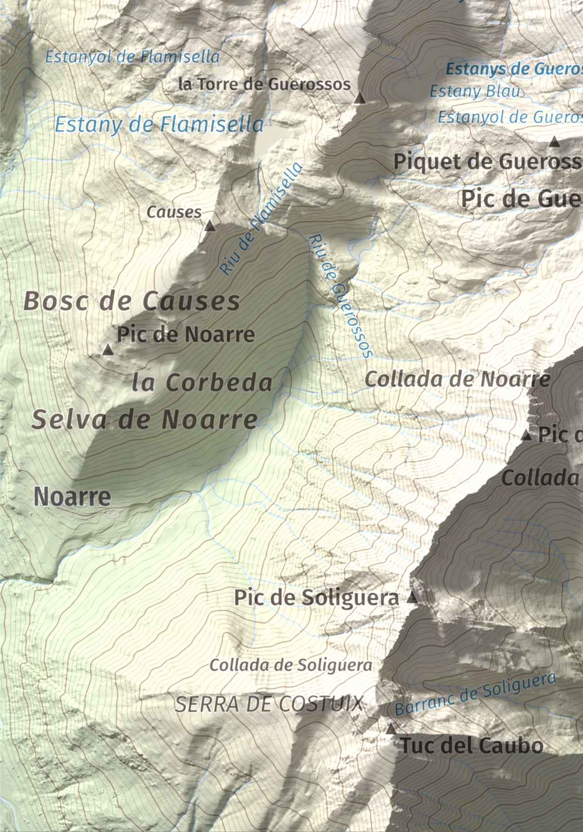 Mapa de relieve de Pic de Certascan, 2853 m, Pallars Sobirà, lámina 100 Cims de Trobart. Detalle de la zona inferior izquierda. 21 × 30 cm.