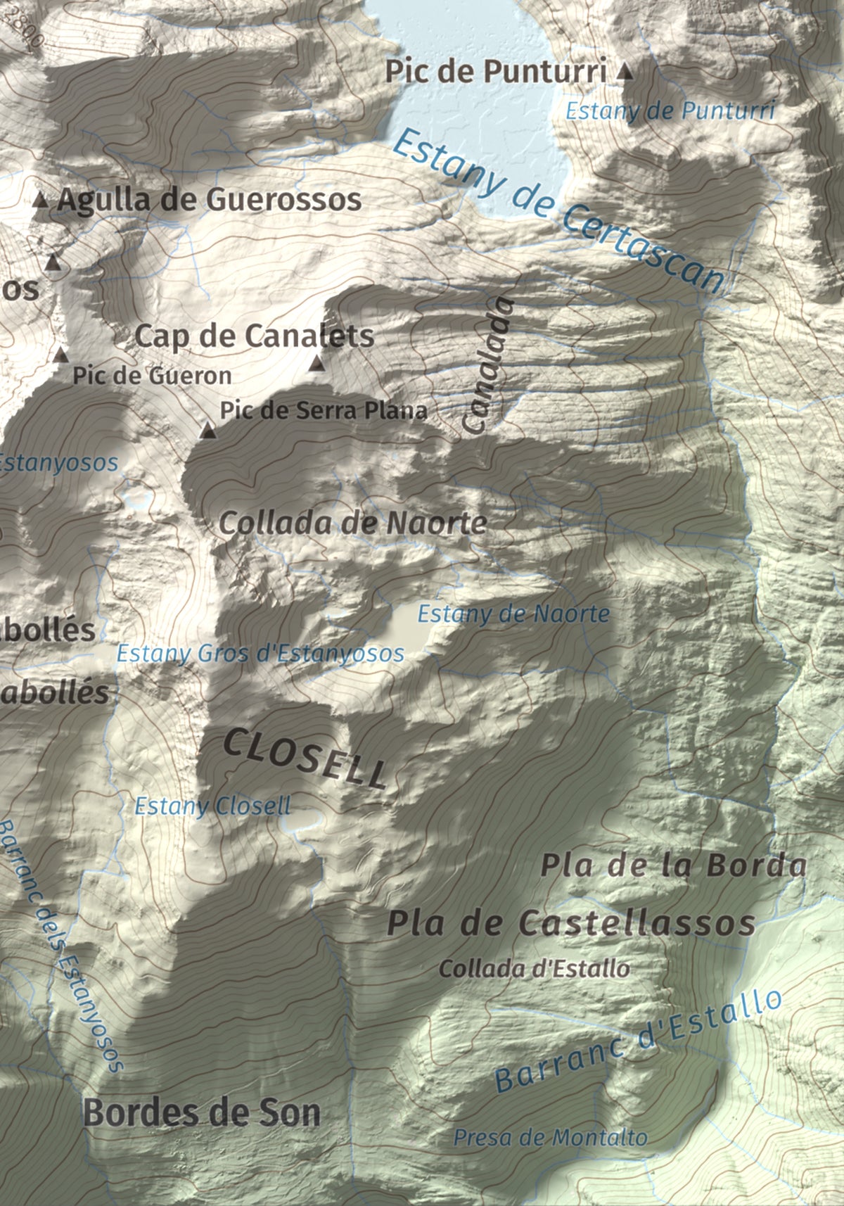 Mapa de relieve de Pic de Certascan, 2853 m, Pallars Sobirà, lámina 100 Cims de Trobart. Detalle de la zona inferior derecha. 21 × 30 cm.