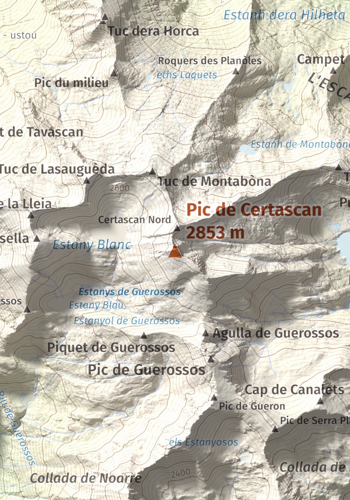 Mapa de relieve de Pic de Certascan, 2853 m, Pallars Sobirà, lámina 100 Cims de Trobart. Detalle de la zona central. 21 × 30 cm.