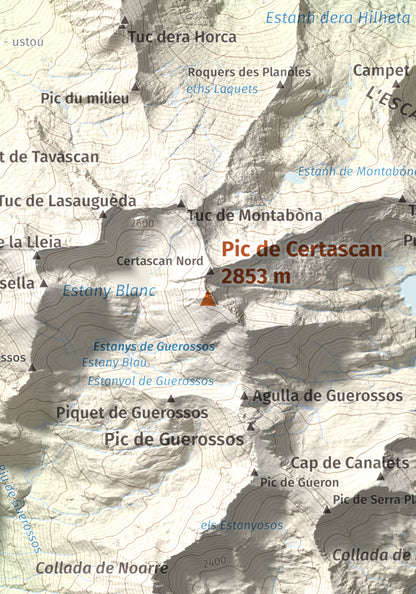 Mapa de relieve de Pic de Certascan, 2853 m, Pallars Sobirà, lámina 100 Cims de Trobart. Detalle de la zona central. 21 × 30 cm.