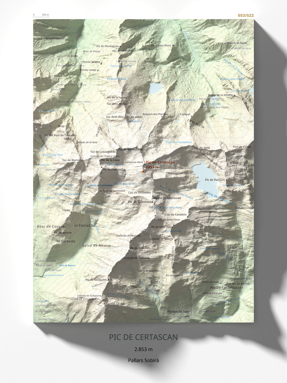 Mapa de relieve de Pic de Certascan, 2853 m, Pallars Sobirà, lámina 100 Cims de Trobart 30 × 40 cm.