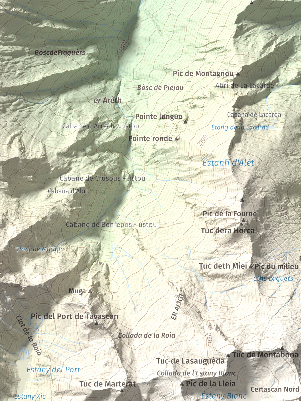 Mapa de relieve de Pic de Certascan, 2853 m, Pallars Sobirà, lámina 100 Cims de Trobart. Detalle de la zona superior izquierda. 30 × 40 cm.