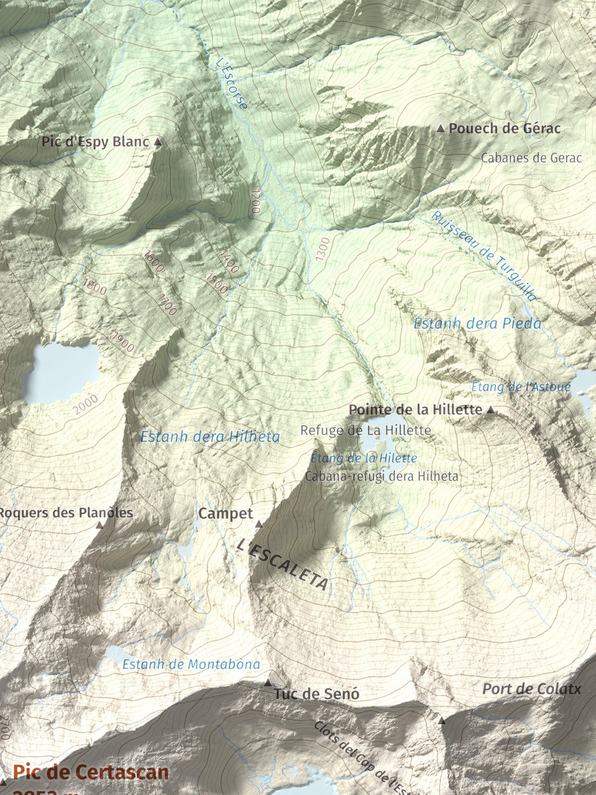 Mapa de relieve de Pic de Certascan, 2853 m, Pallars Sobirà, lámina 100 Cims de Trobart. Detalle de la zona superior derecha. 30 × 40 cm.