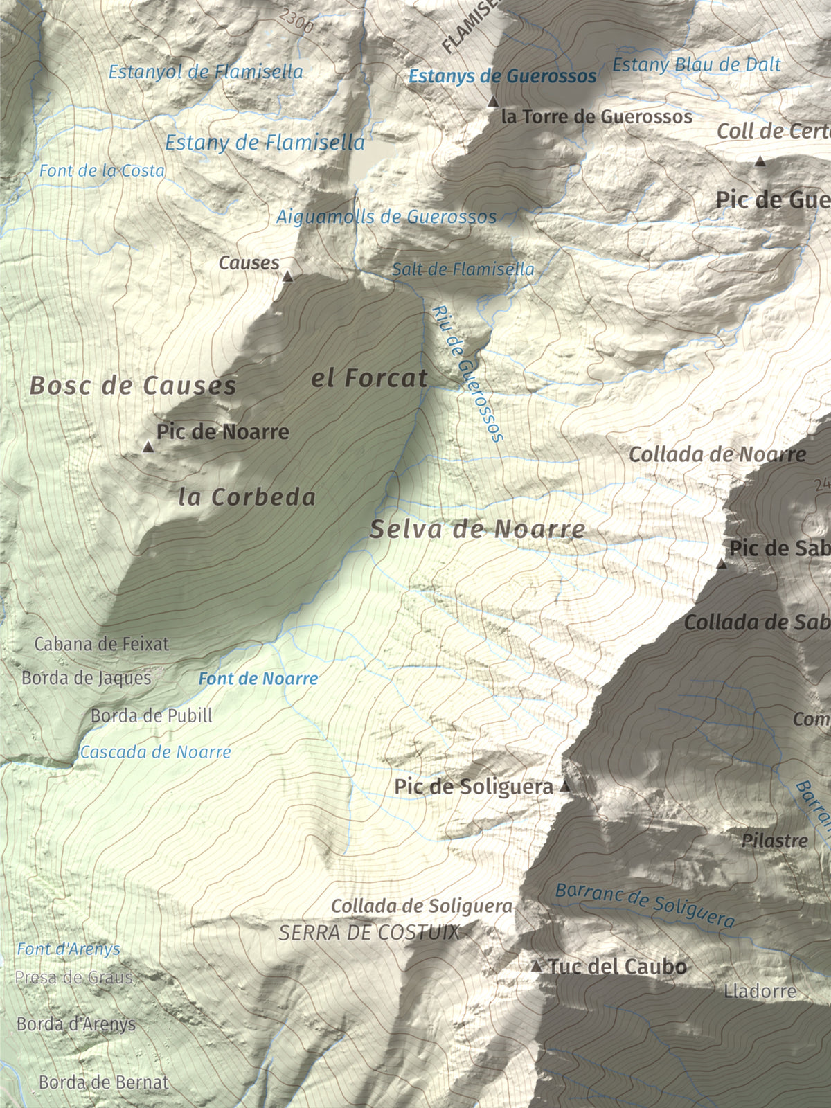 Mapa de relieve de Pic de Certascan, 2853 m, Pallars Sobirà, lámina 100 Cims de Trobart. Detalle de la zona inferior izquierda. 30 × 40 cm.
