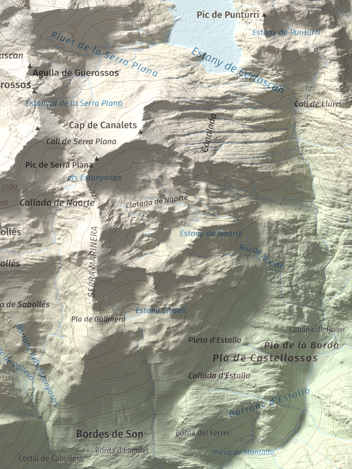 Mapa de relieve de Pic de Certascan, 2853 m, Pallars Sobirà, lámina 100 Cims de Trobart. Detalle de la zona inferior derecha. 30 × 40 cm.