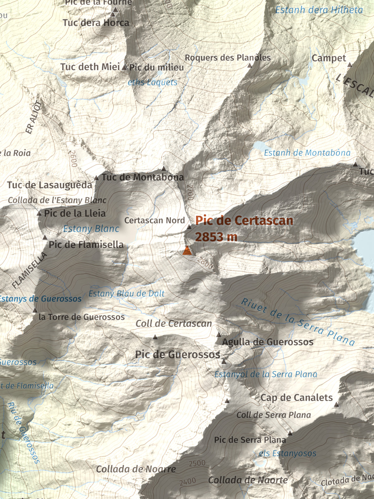 Mapa de relieve de Pic de Certascan, 2853 m, Pallars Sobirà, lámina 100 Cims de Trobart. Detalle de la zona central. 30 × 40 cm.