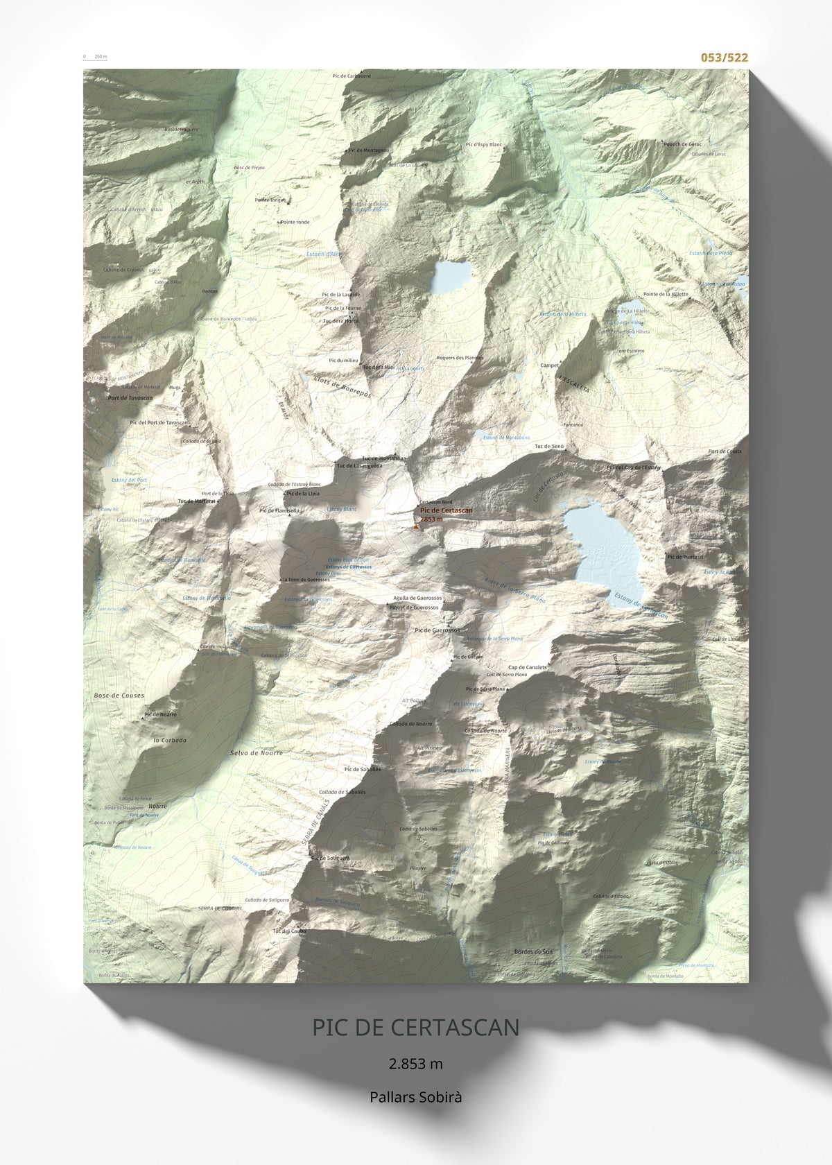 Mapa de relieve de Pic de Certascan, 2853 m, Pallars Sobirà, lámina 100 Cims de Trobart 50 × 70 cm.