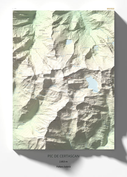 Mapa de relieve de Pic de Certascan, 2853 m, Pallars Sobirà, lámina 100 Cims de Trobart 50 × 70 cm.