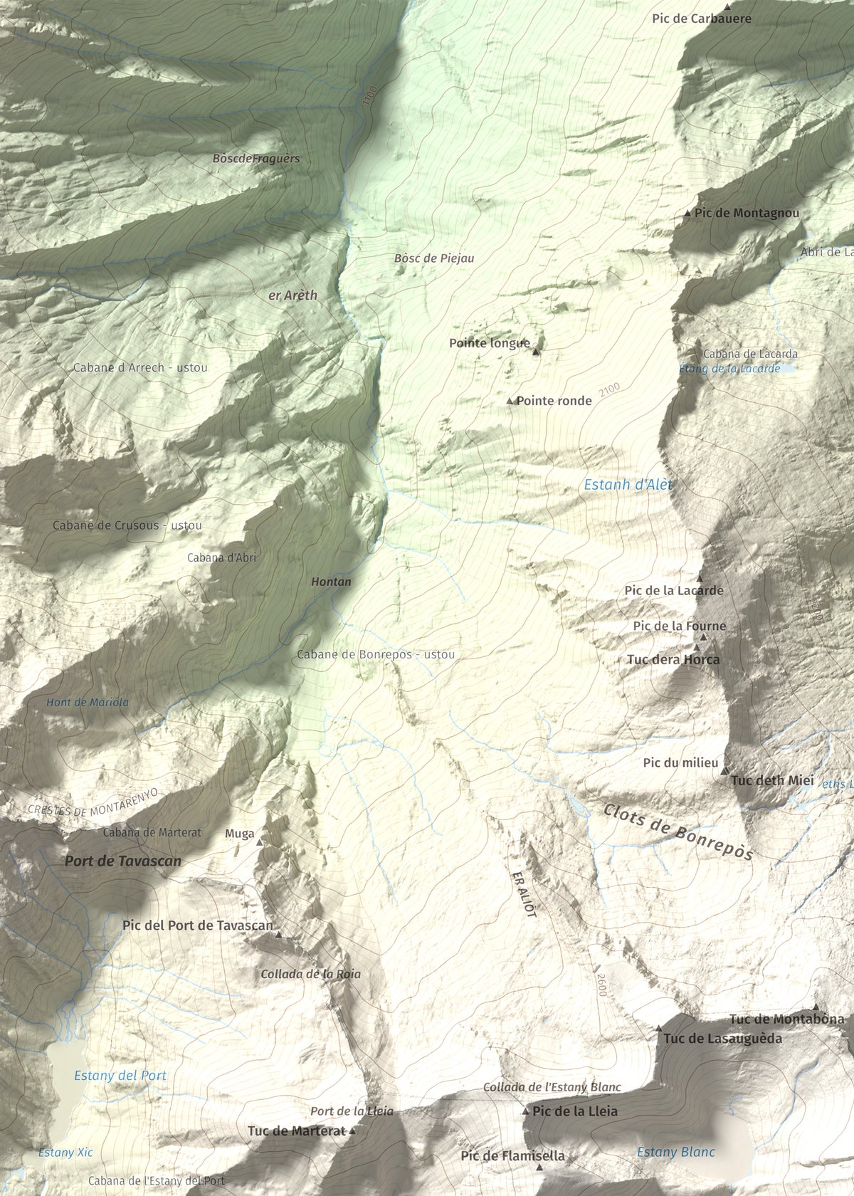 Mapa de relieve de Pic de Certascan, 2853 m, Pallars Sobirà, lámina 100 Cims de Trobart. Detalle de la zona superior izquierda. 50 × 70 cm.