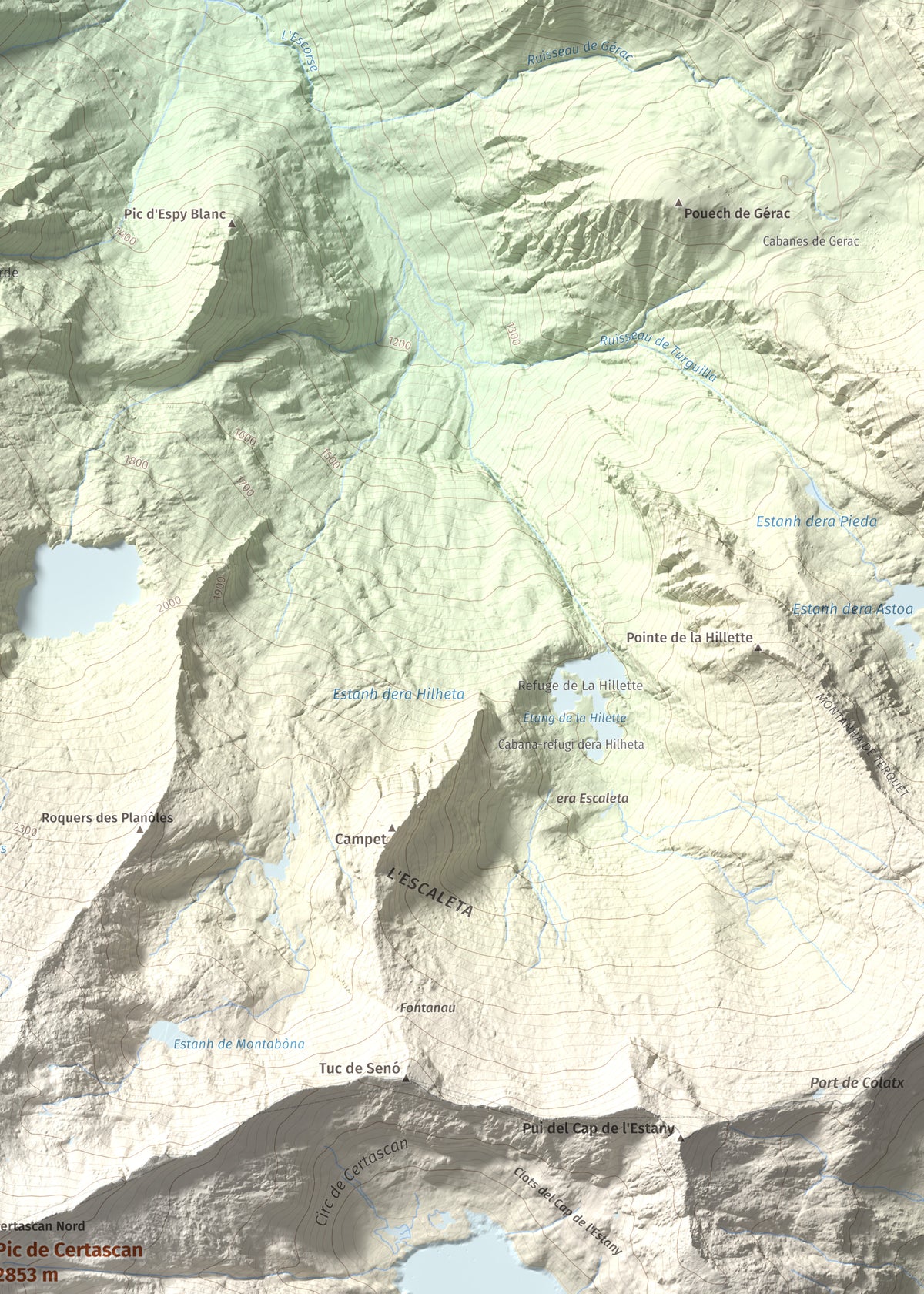 Mapa de relieve de Pic de Certascan, 2853 m, Pallars Sobirà, lámina 100 Cims de Trobart. Detalle de la zona superior derecha. 50 × 70 cm.