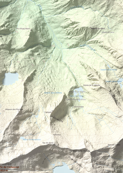 Mapa de relieve de Pic de Certascan, 2853 m, Pallars Sobirà, lámina 100 Cims de Trobart. Detalle de la zona superior derecha. 50 × 70 cm.
