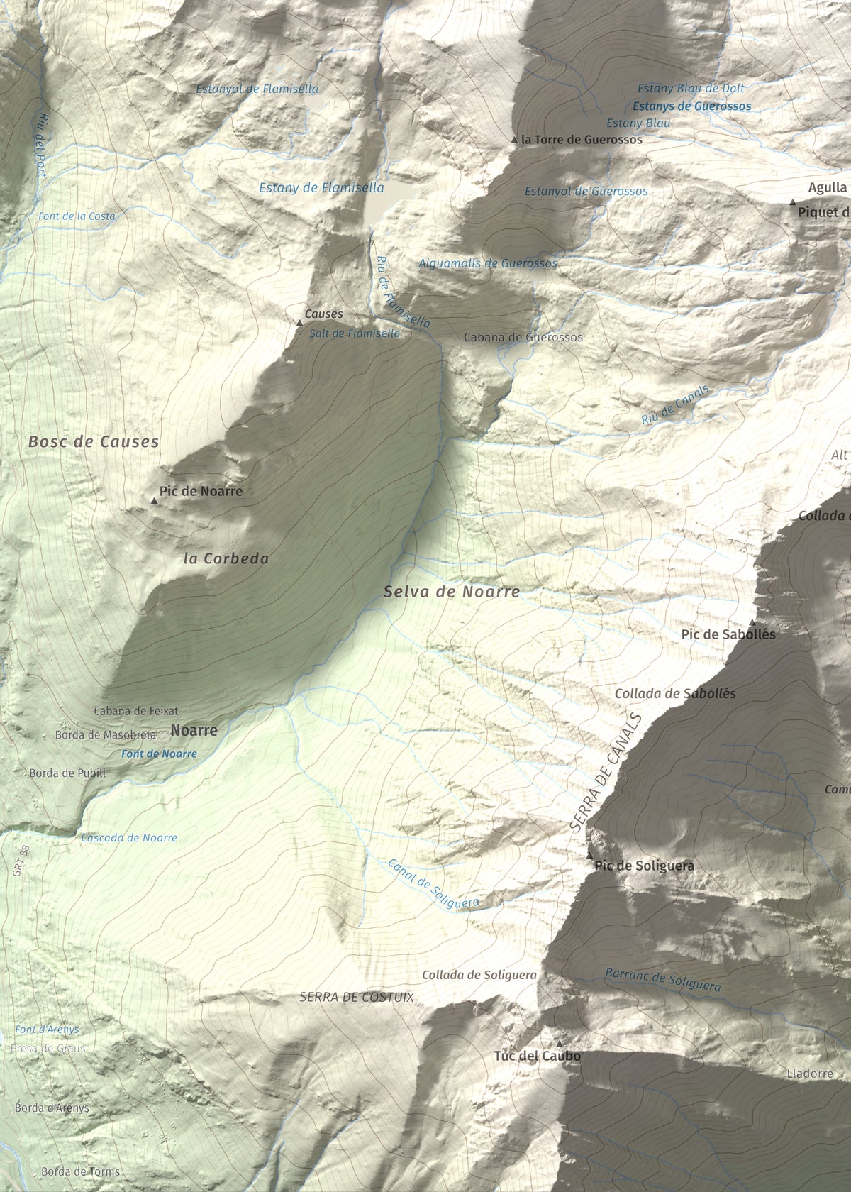 Mapa de relieve de Pic de Certascan, 2853 m, Pallars Sobirà, lámina 100 Cims de Trobart. Detalle de la zona inferior izquierda. 50 × 70 cm.