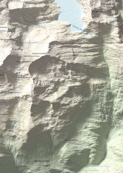 Mapa de relieve de Pic de Certascan, 2853 m, Pallars Sobirà, lámina 100 Cims de Trobart. Detalle de la zona inferior derecha. 50 × 70 cm.