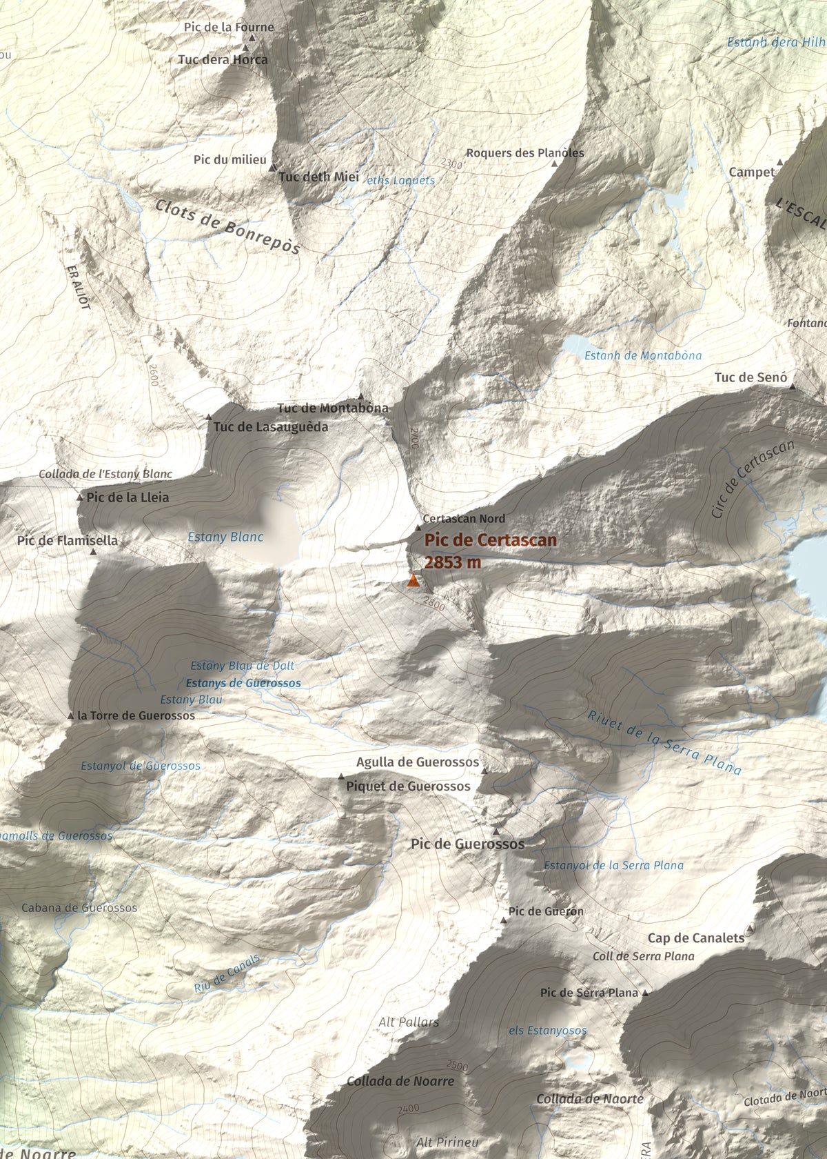 Mapa de relieve de Pic de Certascan, 2853 m, Pallars Sobirà, lámina 100 Cims de Trobart. Detalle de la zona central. 50 × 70 cm.