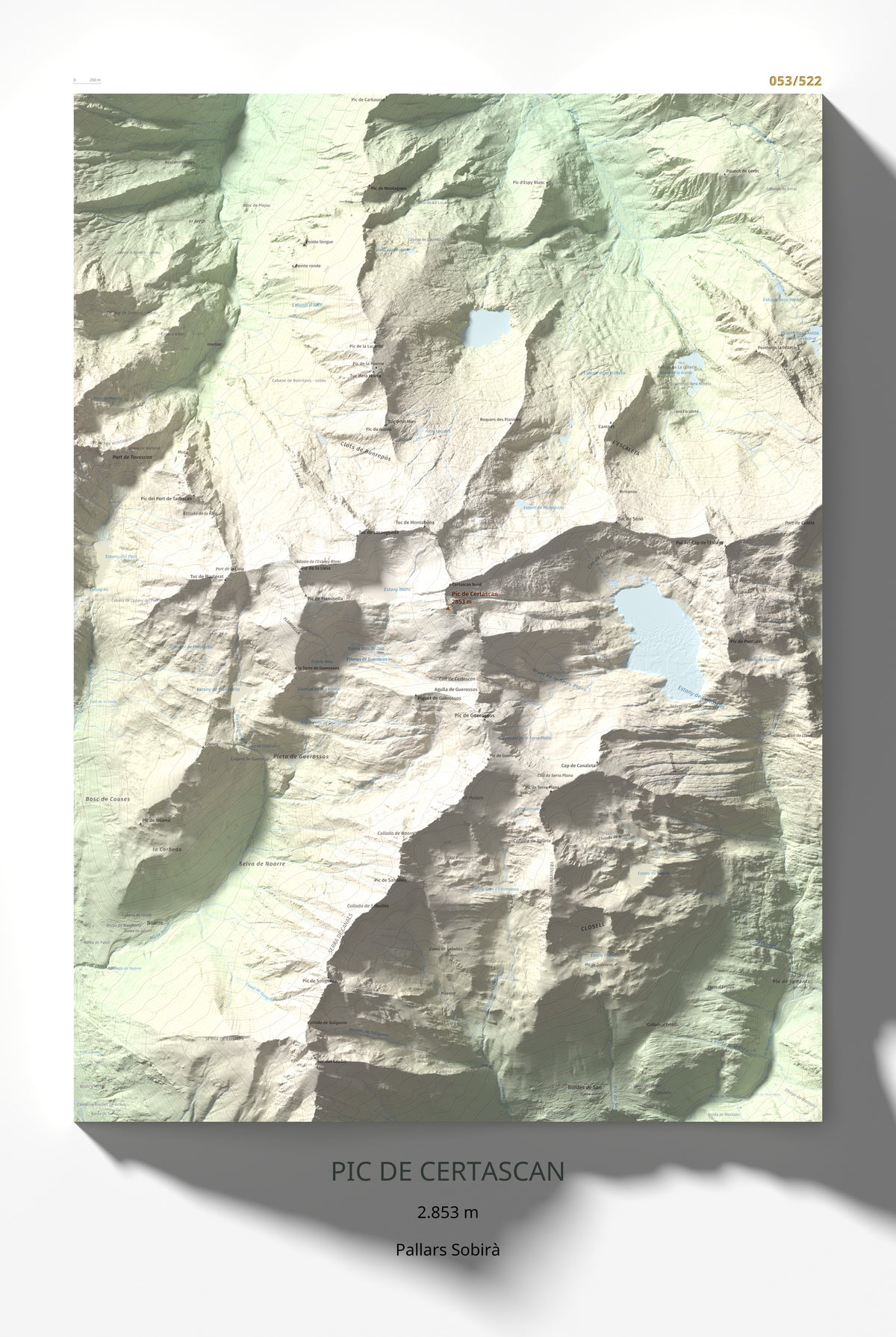 Mapa de relieve de Pic de Certascan, 2853 m, Pallars Sobirà, lámina 100 Cims de Trobart 61 × 91 cm.