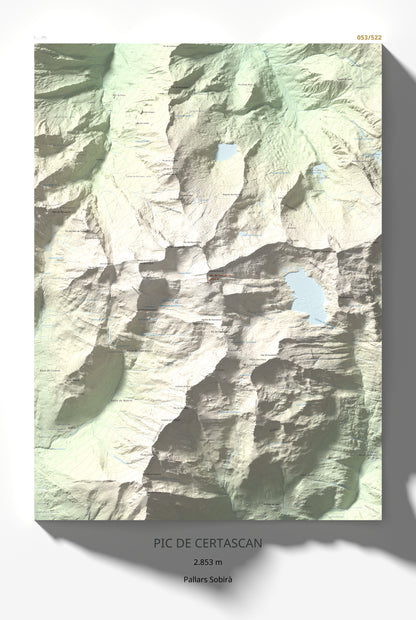 Mapa de relieve de Pic de Certascan, 2853 m, Pallars Sobirà, lámina 100 Cims de Trobart 61 × 91 cm.