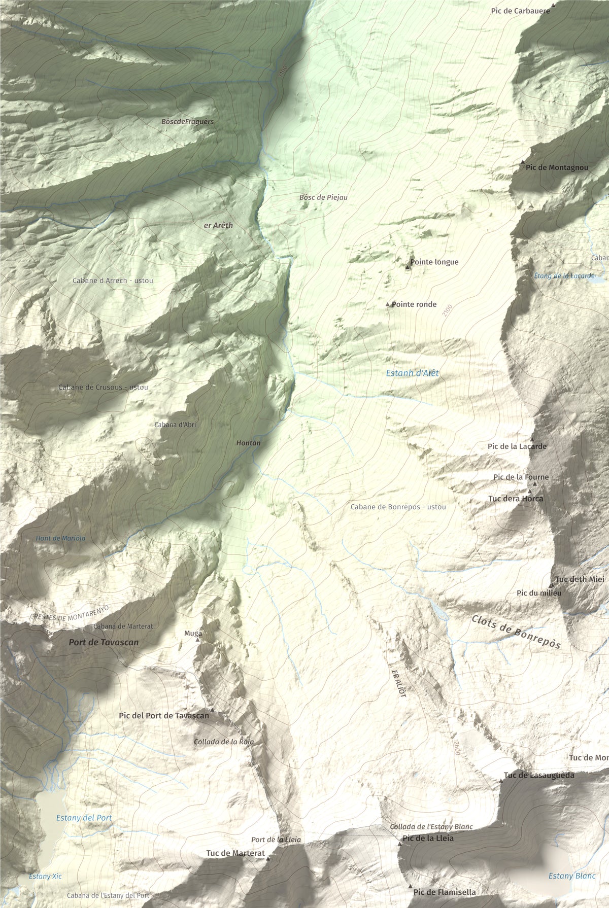 Mapa de relieve de Pic de Certascan, 2853 m, Pallars Sobirà, lámina 100 Cims de Trobart. Detalle de la zona superior izquierda. 61 × 91 cm.