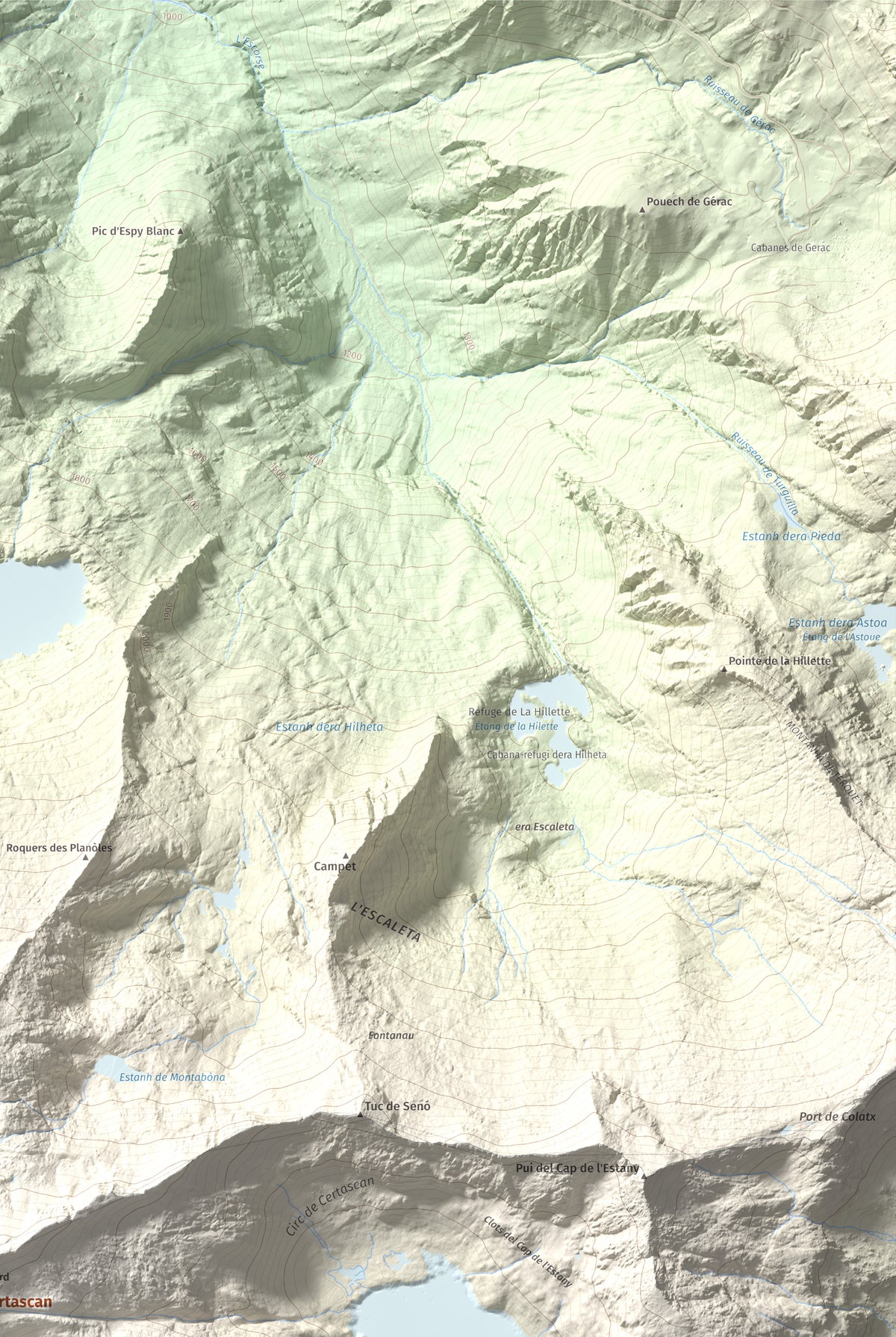 Mapa de relieve de Pic de Certascan, 2853 m, Pallars Sobirà, lámina 100 Cims de Trobart. Detalle de la zona superior derecha. 61 × 91 cm.