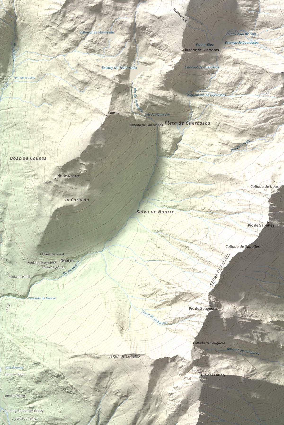 Mapa de relieve de Pic de Certascan, 2853 m, Pallars Sobirà, lámina 100 Cims de Trobart. Detalle de la zona inferior izquierda. 61 × 91 cm.
