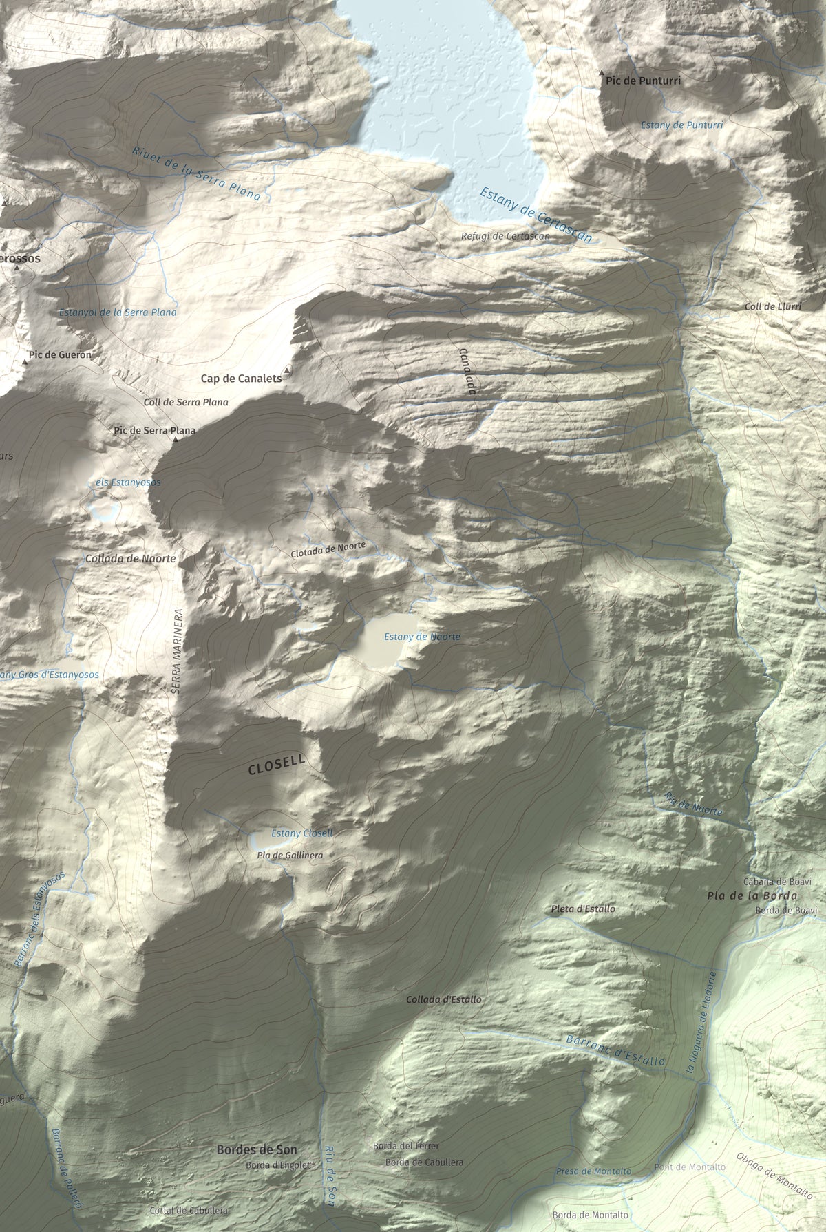 Mapa de relieve de Pic de Certascan, 2853 m, Pallars Sobirà, lámina 100 Cims de Trobart. Detalle de la zona inferior derecha. 61 × 91 cm.