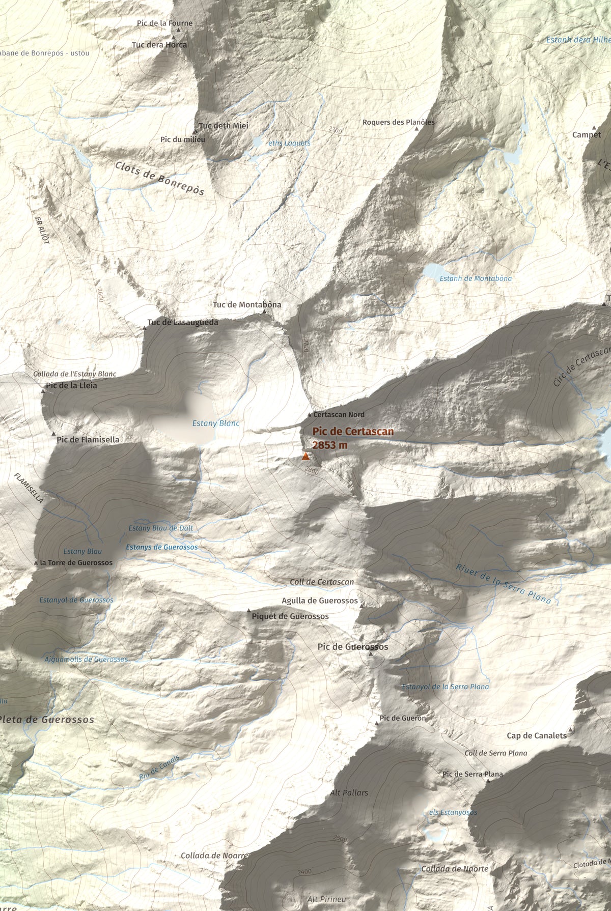 Mapa de relieve de Pic de Certascan, 2853 m, Pallars Sobirà, lámina 100 Cims de Trobart. Detalle de la zona central. 61 × 91 cm.