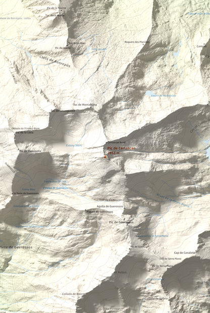 Mapa de relieve de Pic de Certascan, 2853 m, Pallars Sobirà, lámina 100 Cims de Trobart. Detalle de la zona central. 61 × 91 cm.