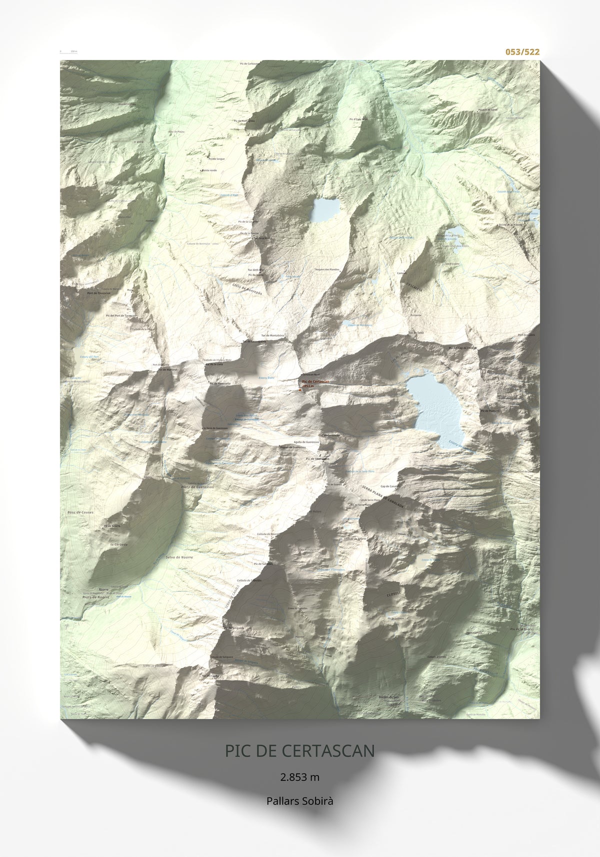Mapa de relieve de Pic de Certascan, 2853 m, Pallars Sobirà, lámina 100 Cims de Trobart 70 × 100 cm.