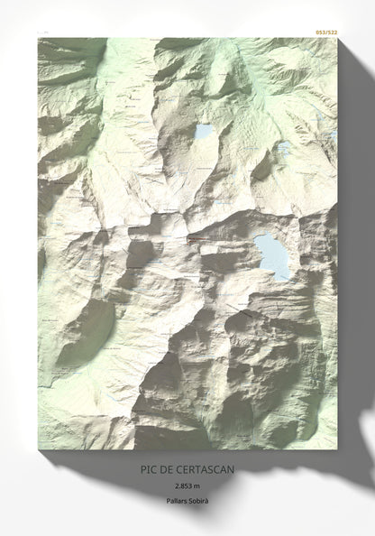 Mapa de relieve de Pic de Certascan, 2853 m, Pallars Sobirà, lámina 100 Cims de Trobart 70 × 100 cm.