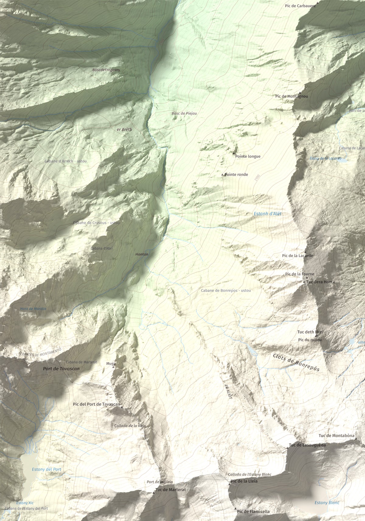 Mapa de relieve de Pic de Certascan, 2853 m, Pallars Sobirà, lámina 100 Cims de Trobart. Detalle de la zona superior izquierda. 70 × 100 cm.