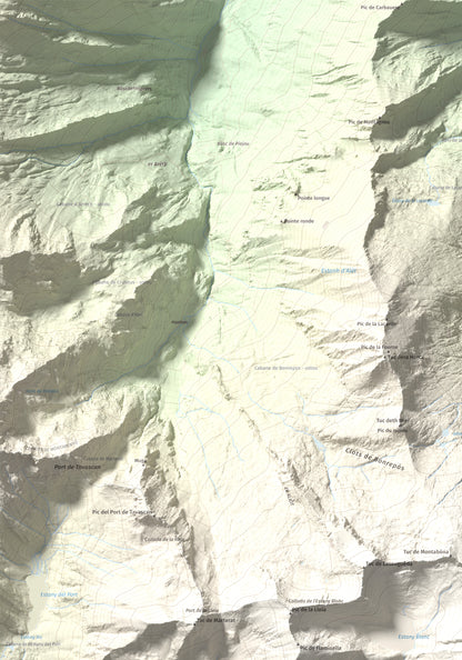 Mapa de relieve de Pic de Certascan, 2853 m, Pallars Sobirà, lámina 100 Cims de Trobart. Detalle de la zona superior izquierda. 70 × 100 cm.