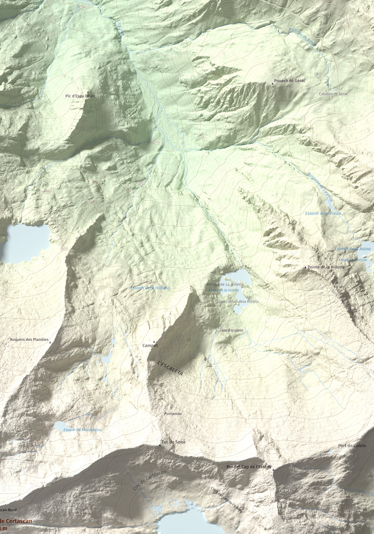 Mapa de relieve de Pic de Certascan, 2853 m, Pallars Sobirà, lámina 100 Cims de Trobart. Detalle de la zona superior derecha. 70 × 100 cm.