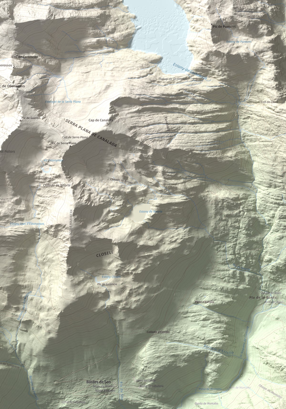 Mapa de relieve de Pic de Certascan, 2853 m, Pallars Sobirà, lámina 100 Cims de Trobart. Detalle de la zona inferior derecha. 70 × 100 cm.