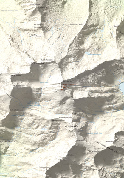 Mapa de relieve de Pic de Certascan, 2853 m, Pallars Sobirà, lámina 100 Cims de Trobart. Detalle de la zona central. 70 × 100 cm.