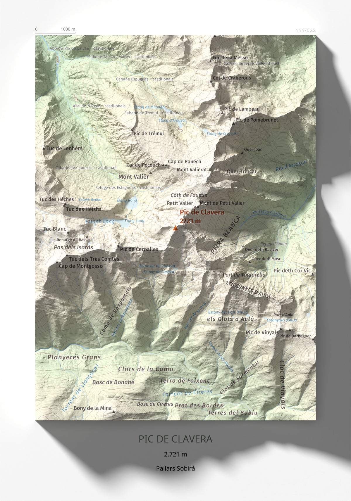 Mapa de relieve de Pic de Clavera, 2721 m, Pallars Sobirà, lámina 100 Cims de Trobart 21 × 30 cm.