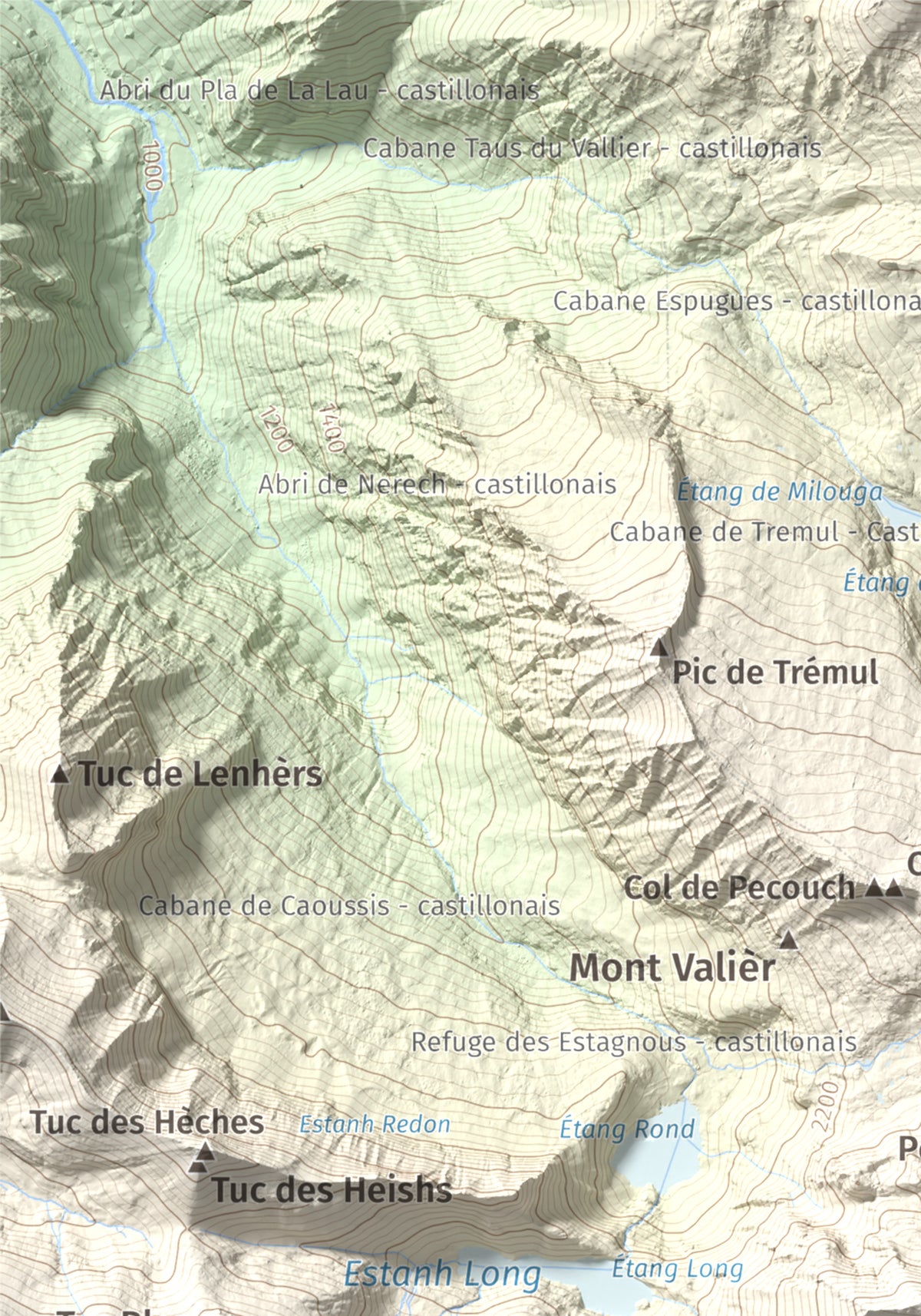 Mapa de relieve de Pic de Clavera, 2721 m, Pallars Sobirà, lámina 100 Cims de Trobart. Detalle de la zona superior izquierda. 21 × 30 cm.