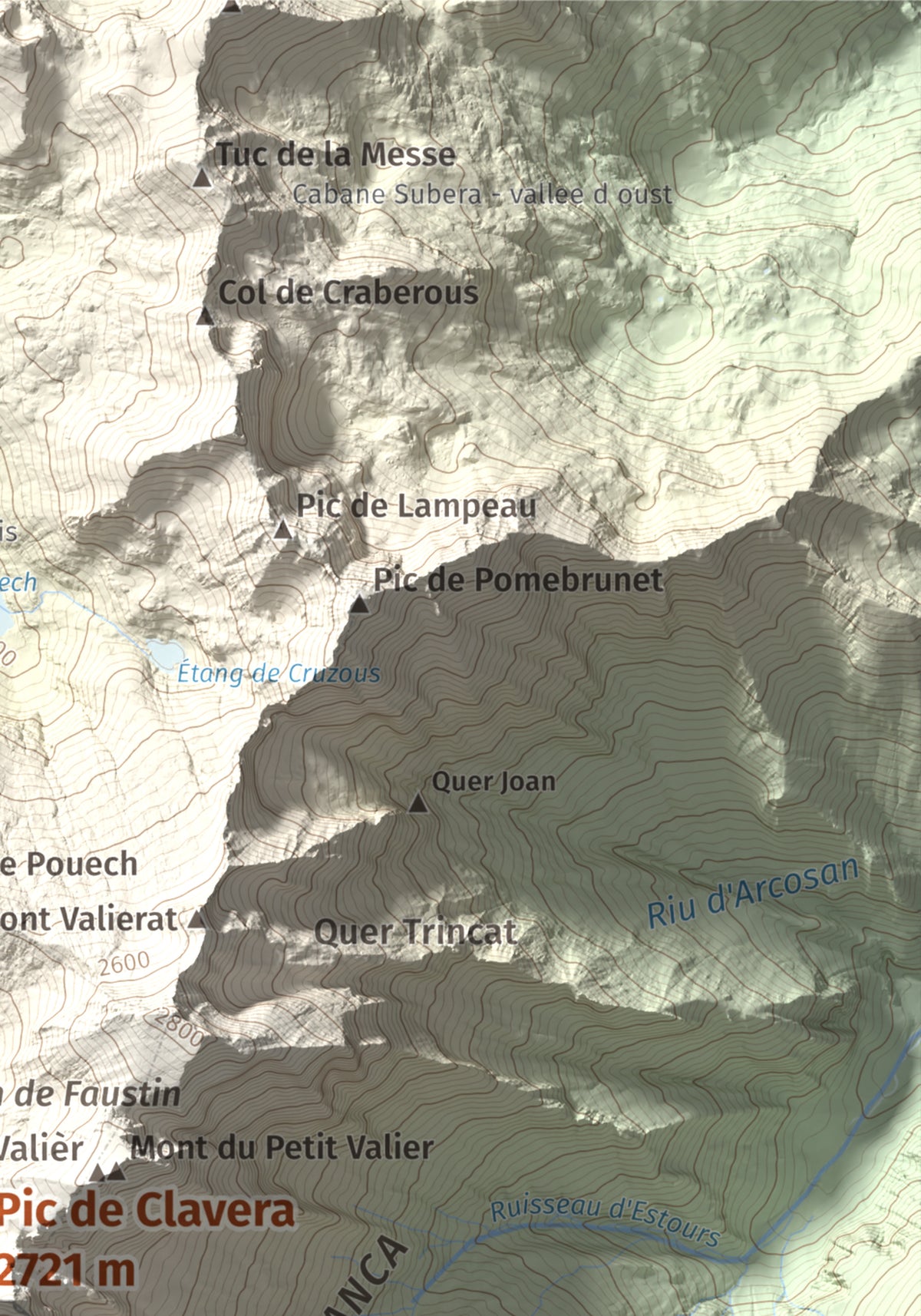 Mapa de relieve de Pic de Clavera, 2721 m, Pallars Sobirà, lámina 100 Cims de Trobart. Detalle de la zona superior derecha. 21 × 30 cm.