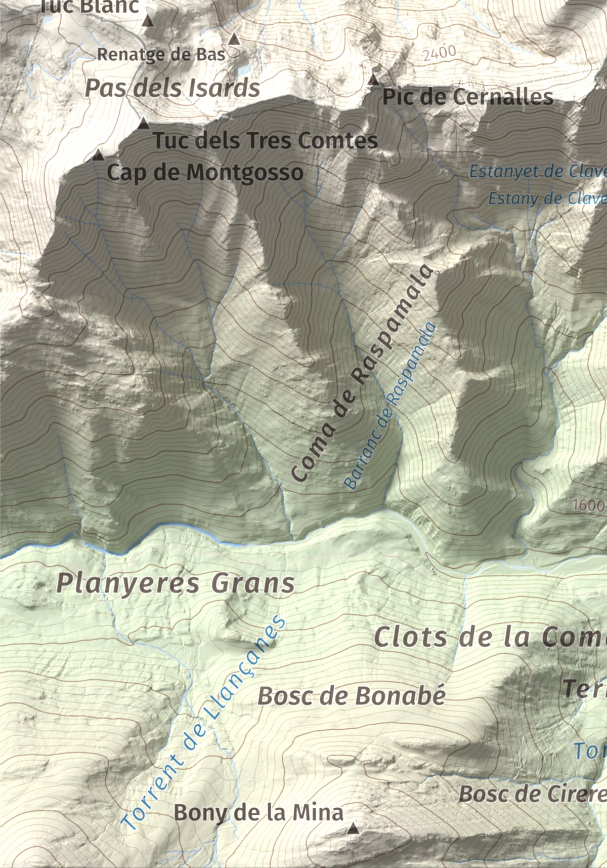 Mapa de relieve de Pic de Clavera, 2721 m, Pallars Sobirà, lámina 100 Cims de Trobart. Detalle de la zona inferior izquierda. 21 × 30 cm.