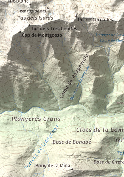 Mapa de relieve de Pic de Clavera, 2721 m, Pallars Sobirà, lámina 100 Cims de Trobart. Detalle de la zona inferior izquierda. 21 × 30 cm.