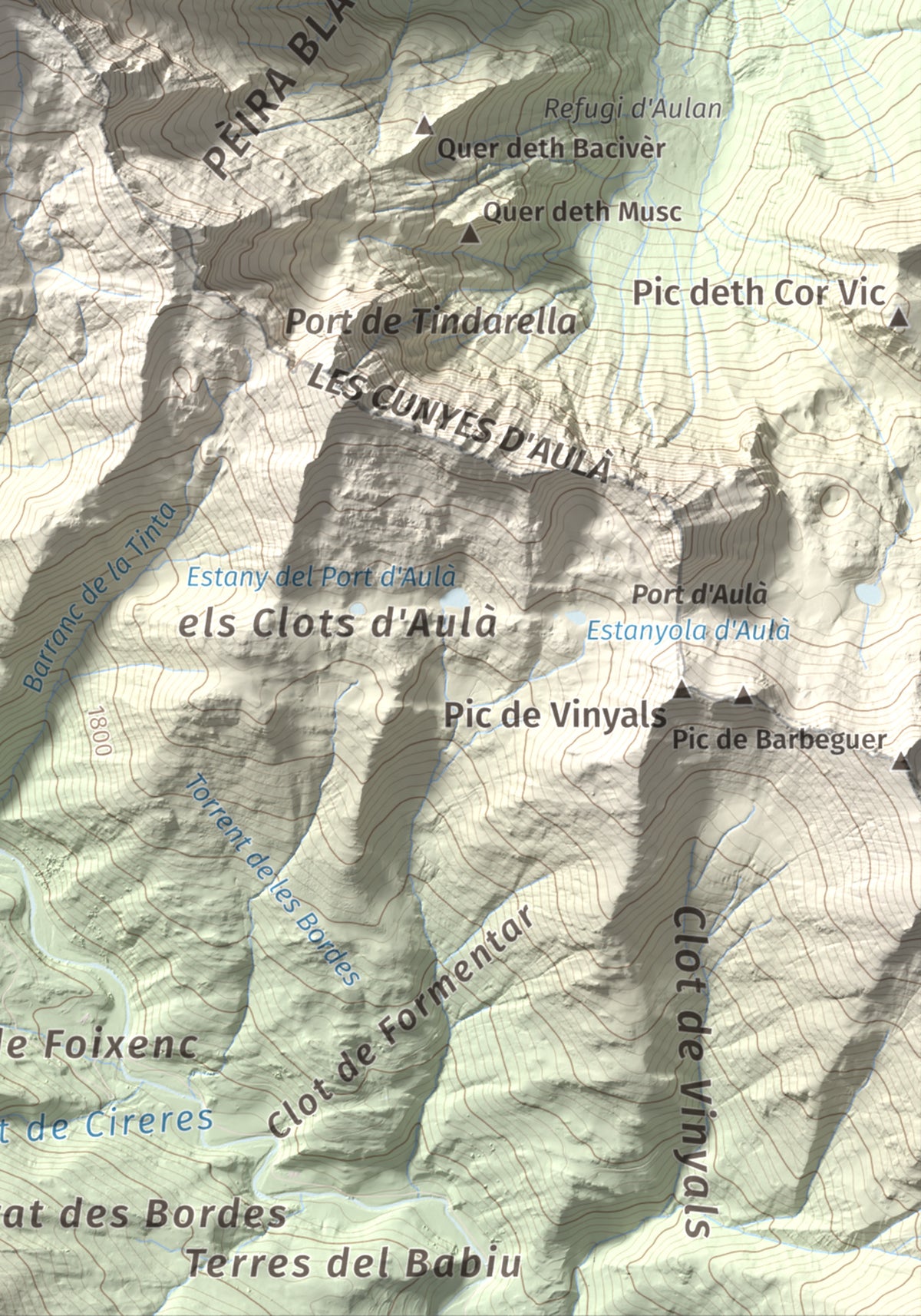 Mapa de relieve de Pic de Clavera, 2721 m, Pallars Sobirà, lámina 100 Cims de Trobart. Detalle de la zona inferior derecha. 21 × 30 cm.