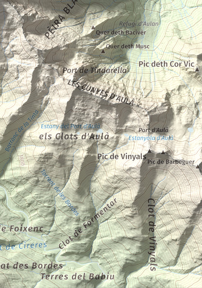 Mapa de relieve de Pic de Clavera, 2721 m, Pallars Sobirà, lámina 100 Cims de Trobart. Detalle de la zona inferior derecha. 21 × 30 cm.