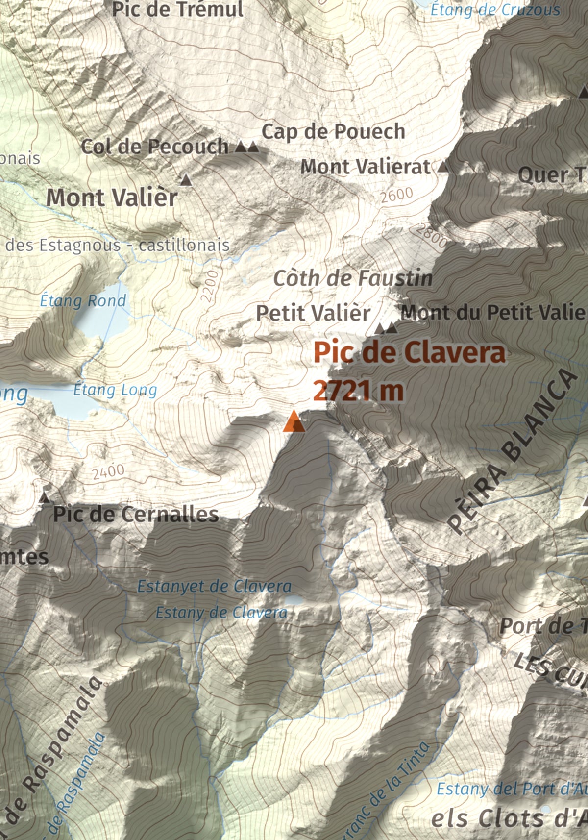 Mapa de relieve de Pic de Clavera, 2721 m, Pallars Sobirà, lámina 100 Cims de Trobart. Detalle de la zona central. 21 × 30 cm.