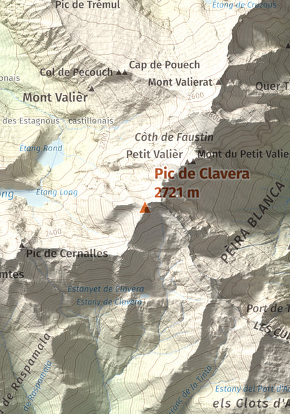 Mapa de relieve de Pic de Clavera, 2721 m, Pallars Sobirà, lámina 100 Cims de Trobart. Detalle de la zona central. 21 × 30 cm.