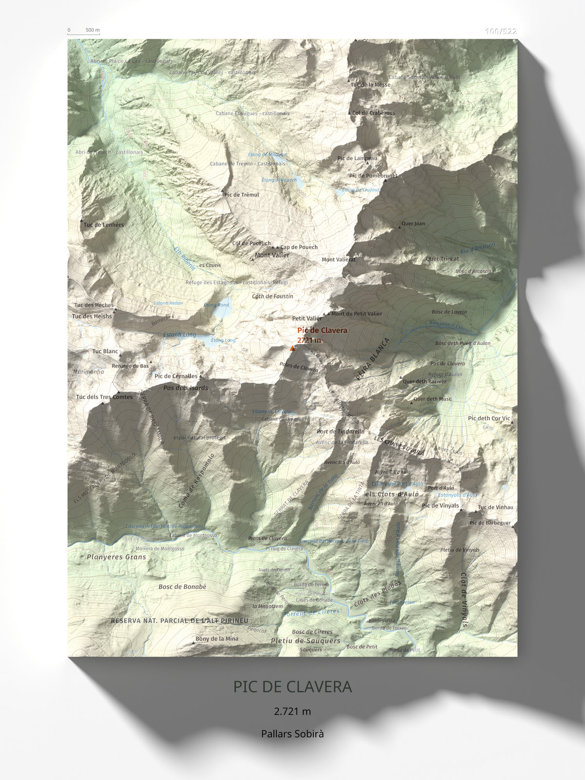Mapa de relieve de Pic de Clavera, 2721 m, Pallars Sobirà, lámina 100 Cims de Trobart 30 × 40 cm.