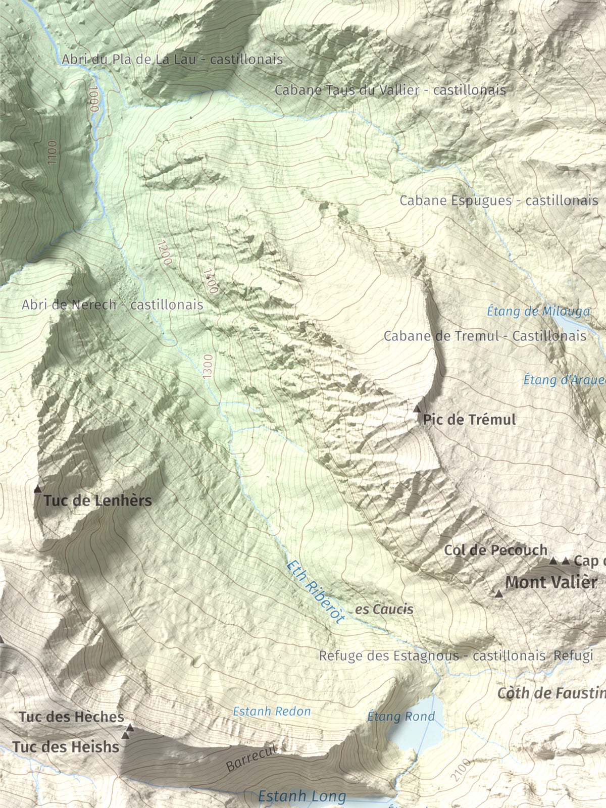Mapa de relieve de Pic de Clavera, 2721 m, Pallars Sobirà, lámina 100 Cims de Trobart. Detalle de la zona superior izquierda. 30 × 40 cm.