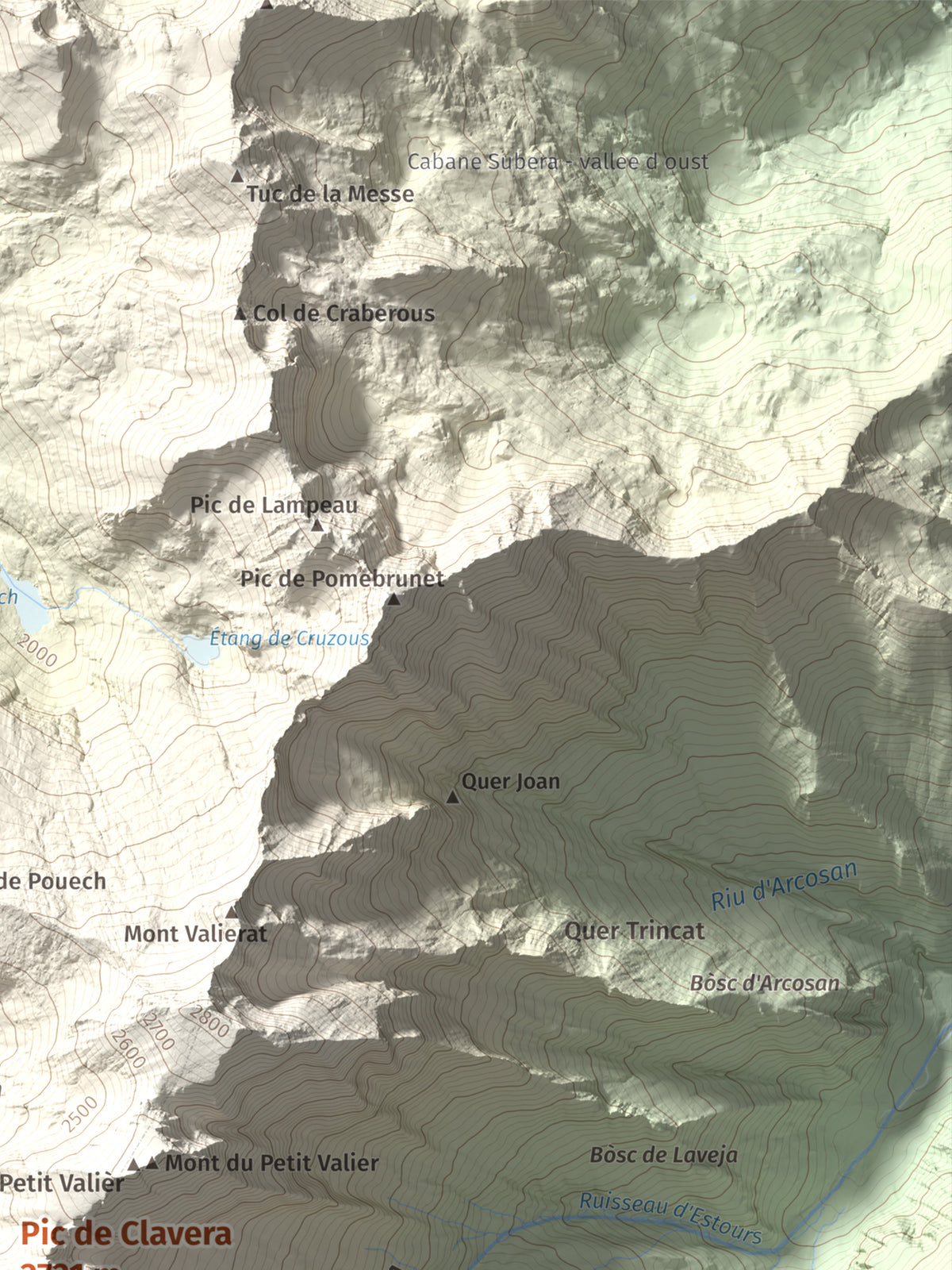 Mapa de relieve de Pic de Clavera, 2721 m, Pallars Sobirà, lámina 100 Cims de Trobart. Detalle de la zona superior derecha. 30 × 40 cm.