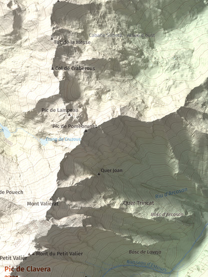 Mapa de relieve de Pic de Clavera, 2721 m, Pallars Sobirà, lámina 100 Cims de Trobart. Detalle de la zona superior derecha. 30 × 40 cm.